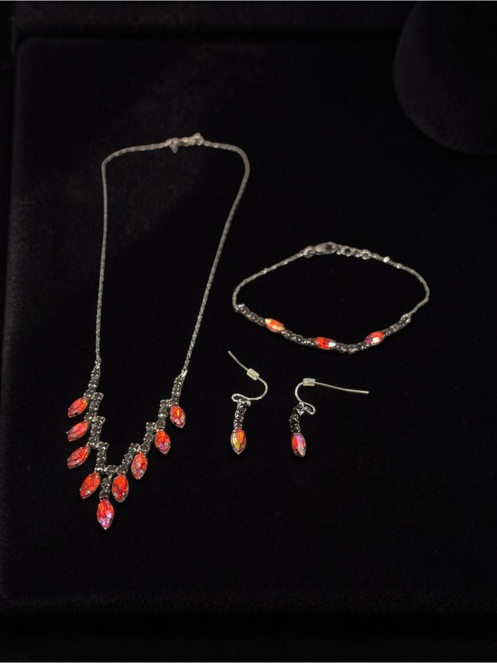 Silver Necklace, Bracelet & Earrings Set with Red Orange Marquise Stones